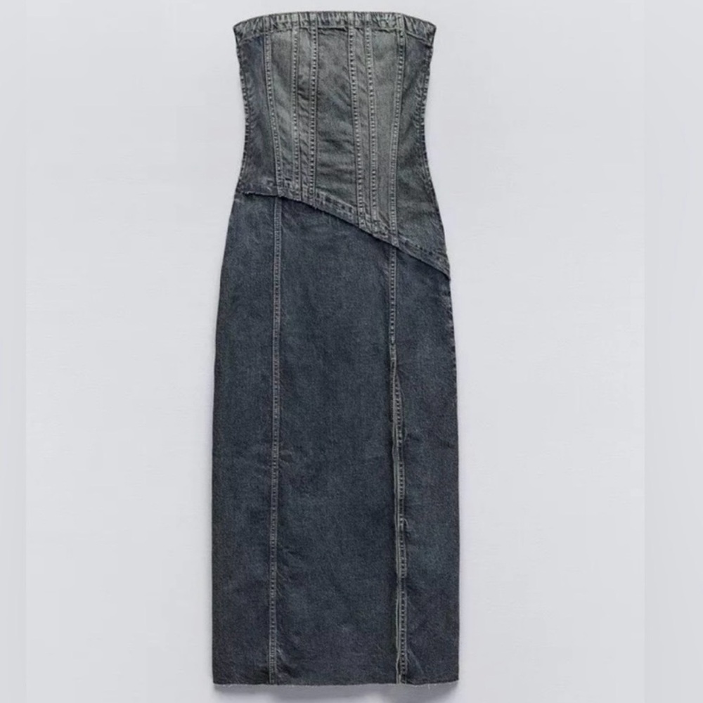 Zara NWT Distressed Navy Denim Strapless Midi Dress w/ Side Slit (Size XS) - Picture 5 of 9